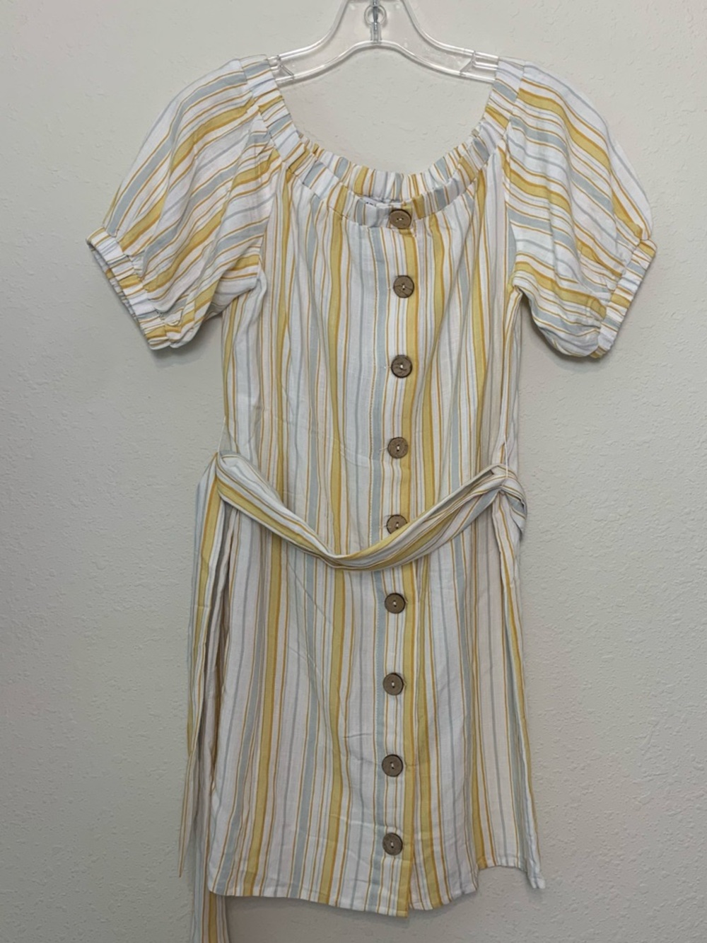 Olivaceous Cream Blue Yellow Striped Button Front Dress Small Coastal Girlhood